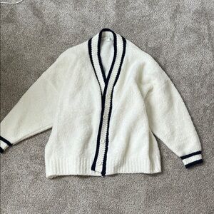 Elegant White Cardigan with Navy Blue Accents